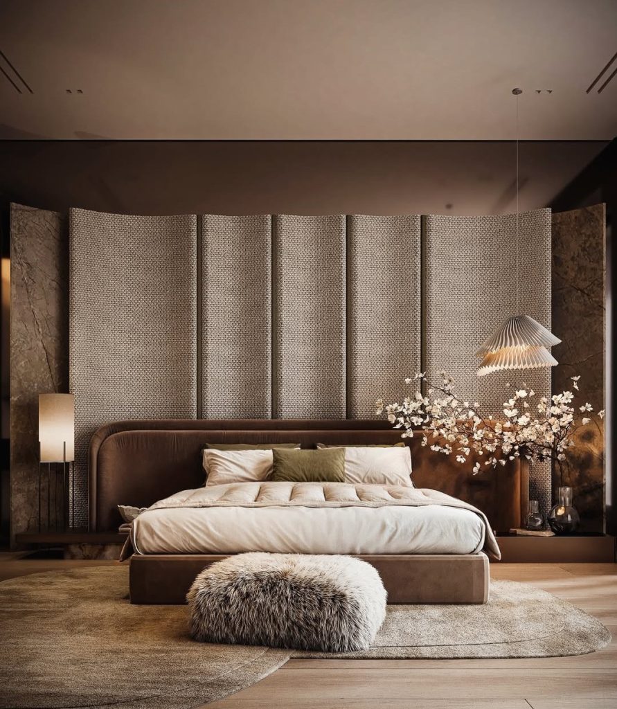Bedroom with textured wall panels and curved wood bed