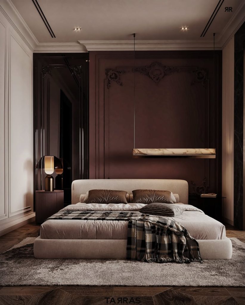 Bedroom blending classical molding with modern burgundy design elements