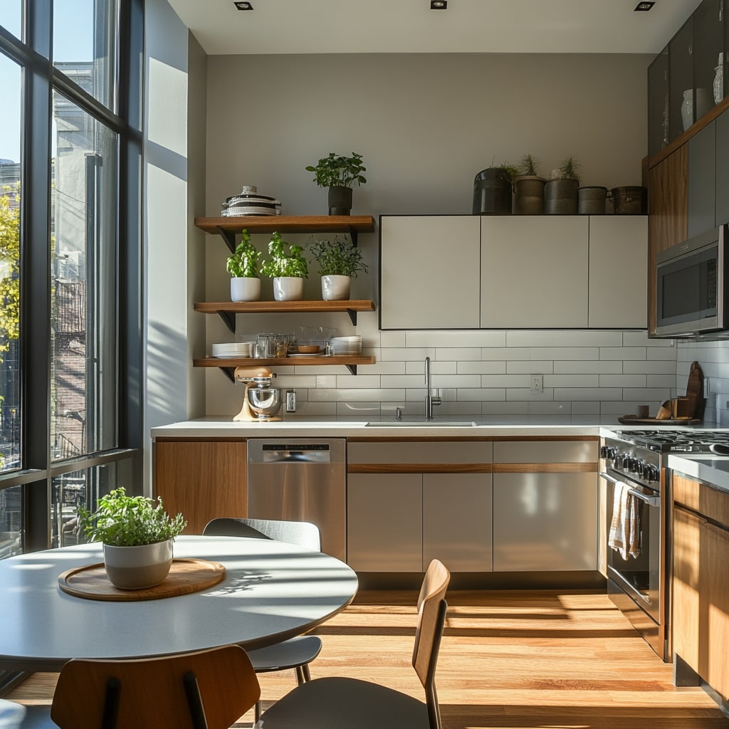 Mixed material kitchen with steel cabinets, wood shelves, round table