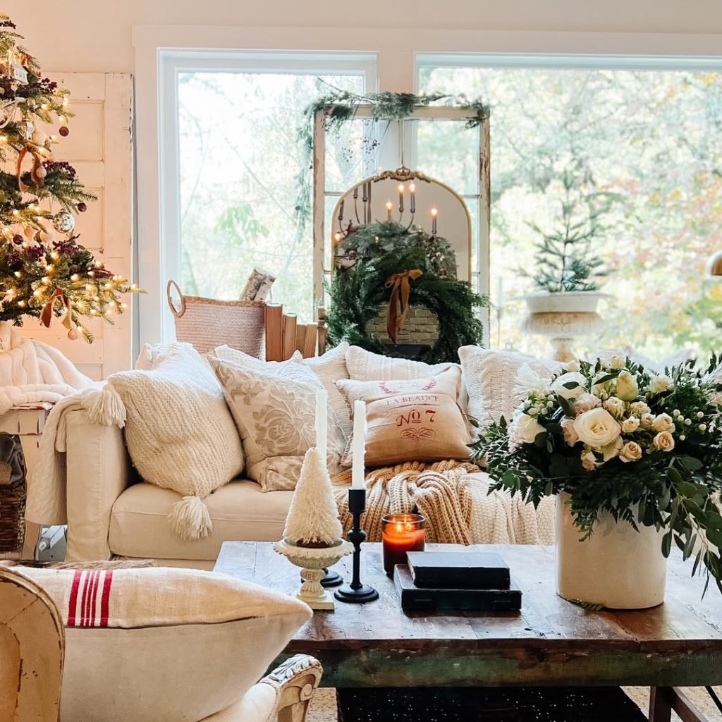 Cozy cottage living room with Christmas decorations and soft textures