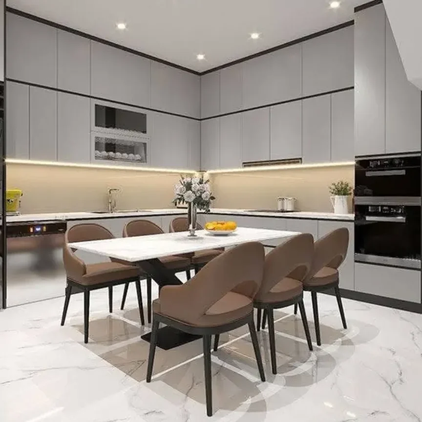 Marble kitchen with gray cabinets built-in dining and wine storage