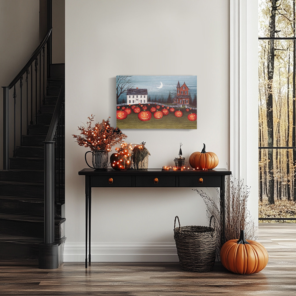 Simple console table with pumpkins branches and Halloween folk art painting