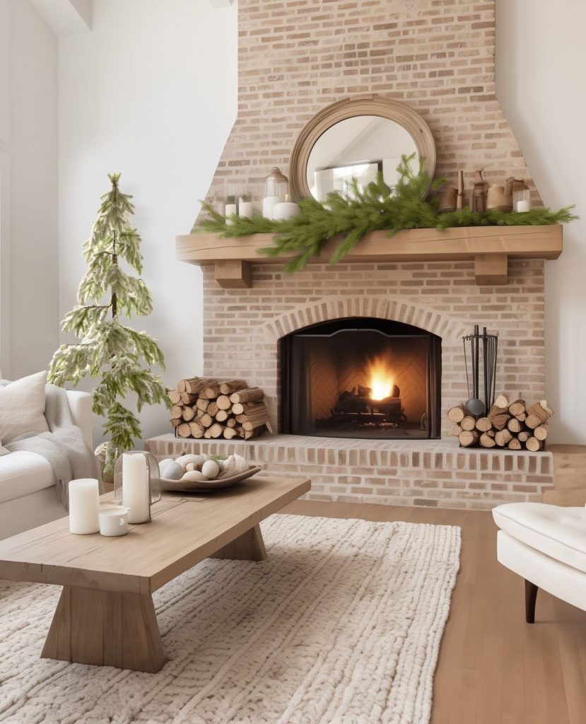 Minimalist Christmas fireplace with natural greenery and neutral decor