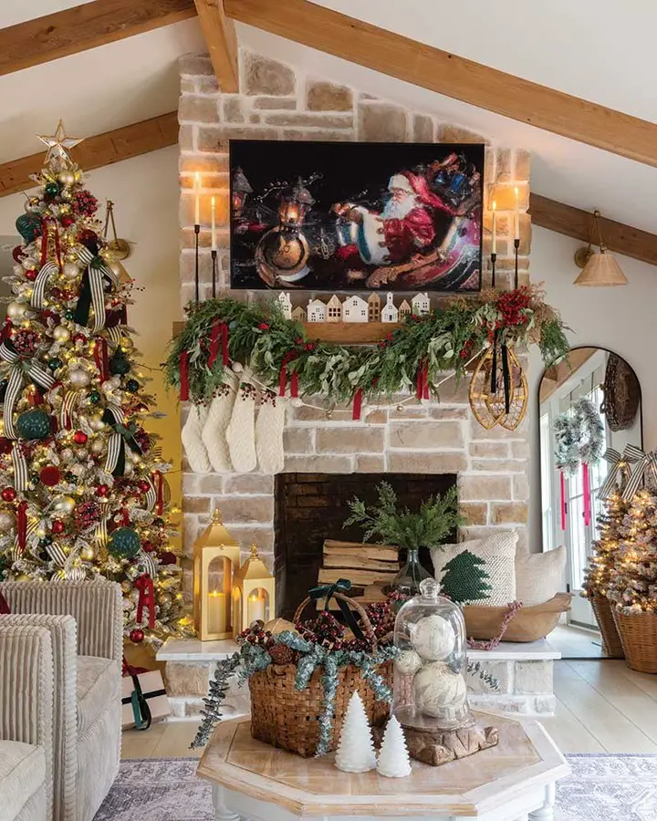 Rustic Christmas living room with stone fireplace, wooden beams, traditional trees, holiday garland