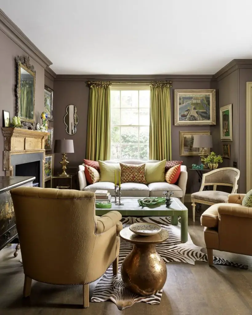 Dark sophisticated living room with green curtains and zebra rug