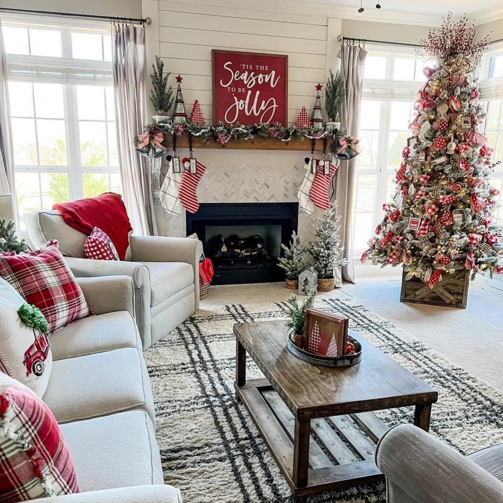 Modern farmhouse living room with plaid Christmas decor and shiplap walls