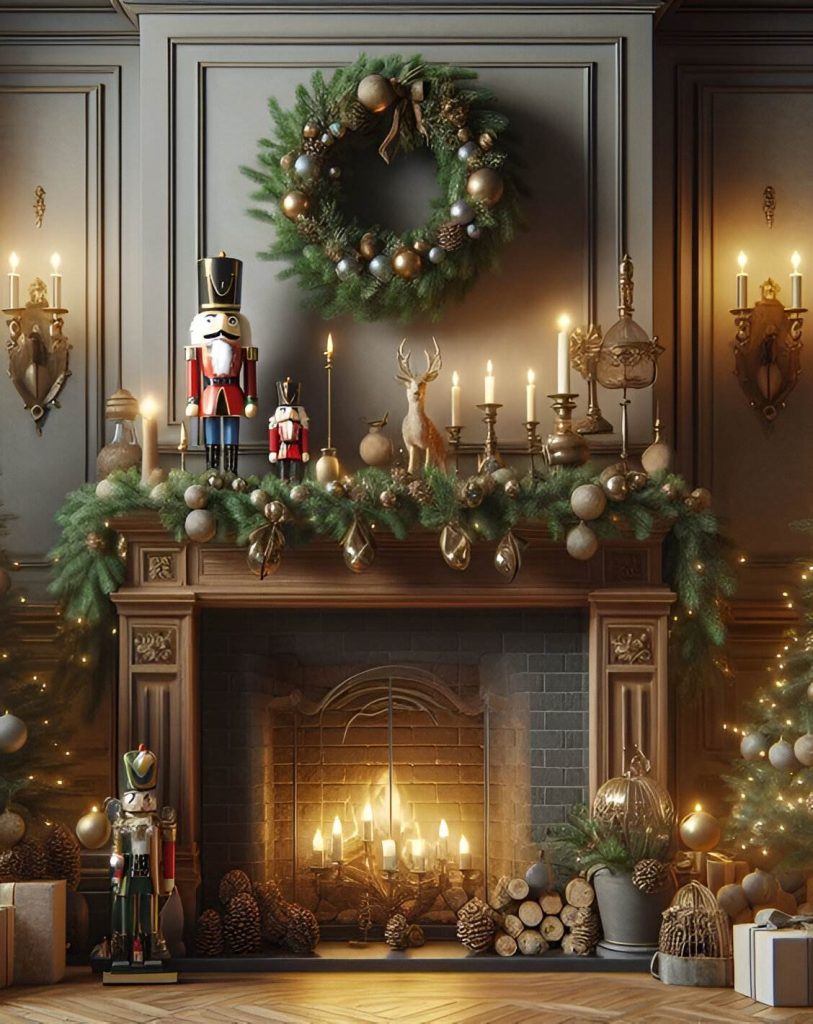Ornate Victorian fireplace with nutcrackers candles and gold Christmas decorations