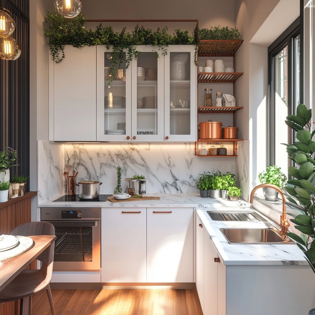White kitchen with copper fixtures, marble counters, and abundant green plants