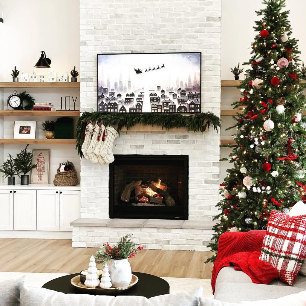Christmas living room with fireplace tree decorations