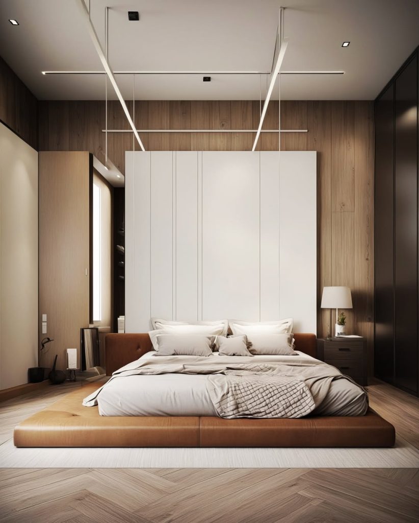 Modern bedroom with platform bed and wood paneling