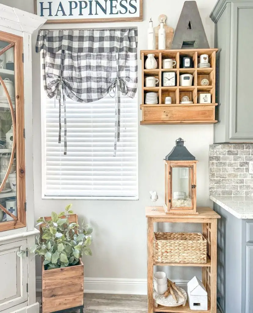 Farmhouse kitchen with holiday decorations shelving
