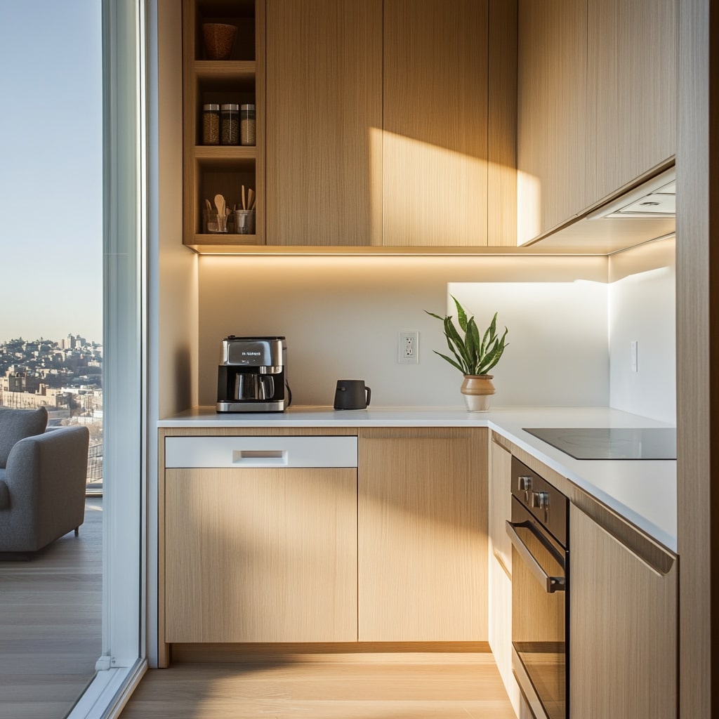Modern wooden kitchen with white counters and city views