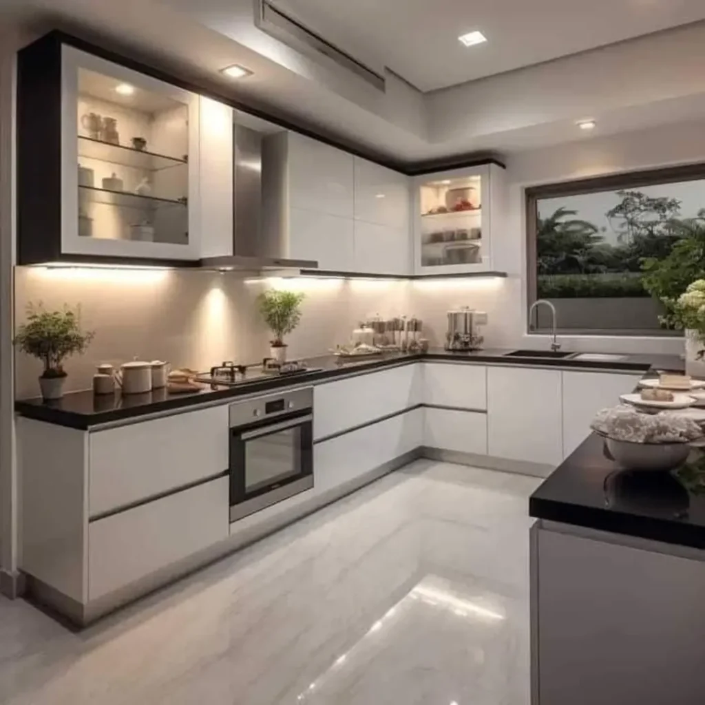 White L-shaped kitchen with black countertops and glass cabinets
