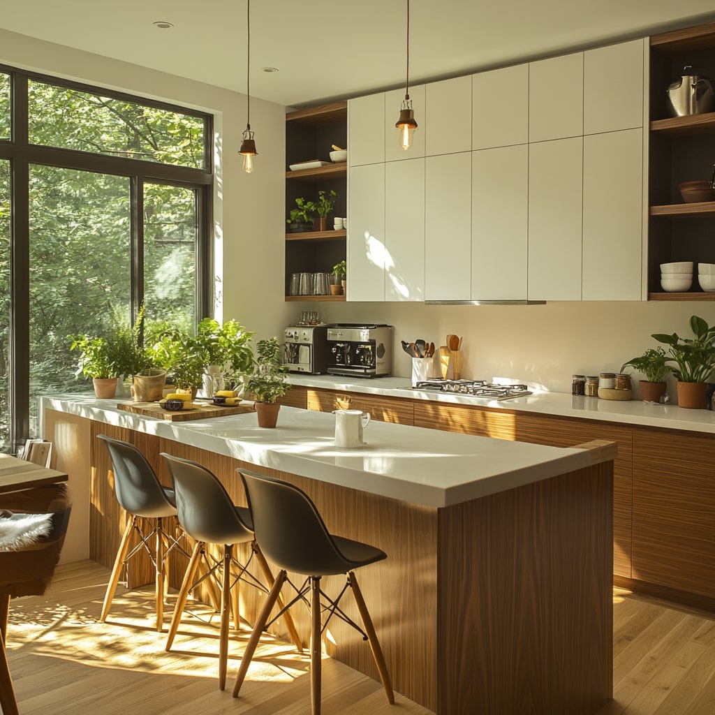 Bright kitchen island with wooden cabinets and natural lighting
