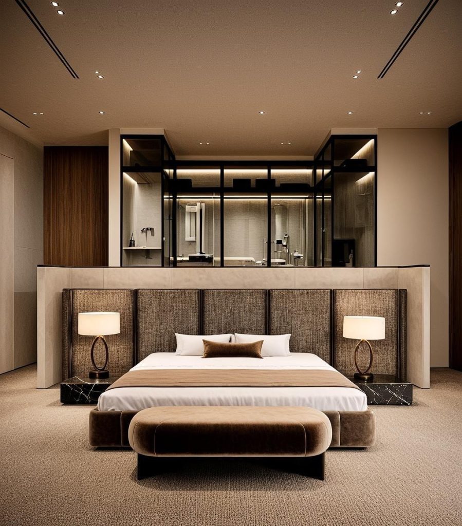 Luxury bedroom with marble nightstands and brass fixtures