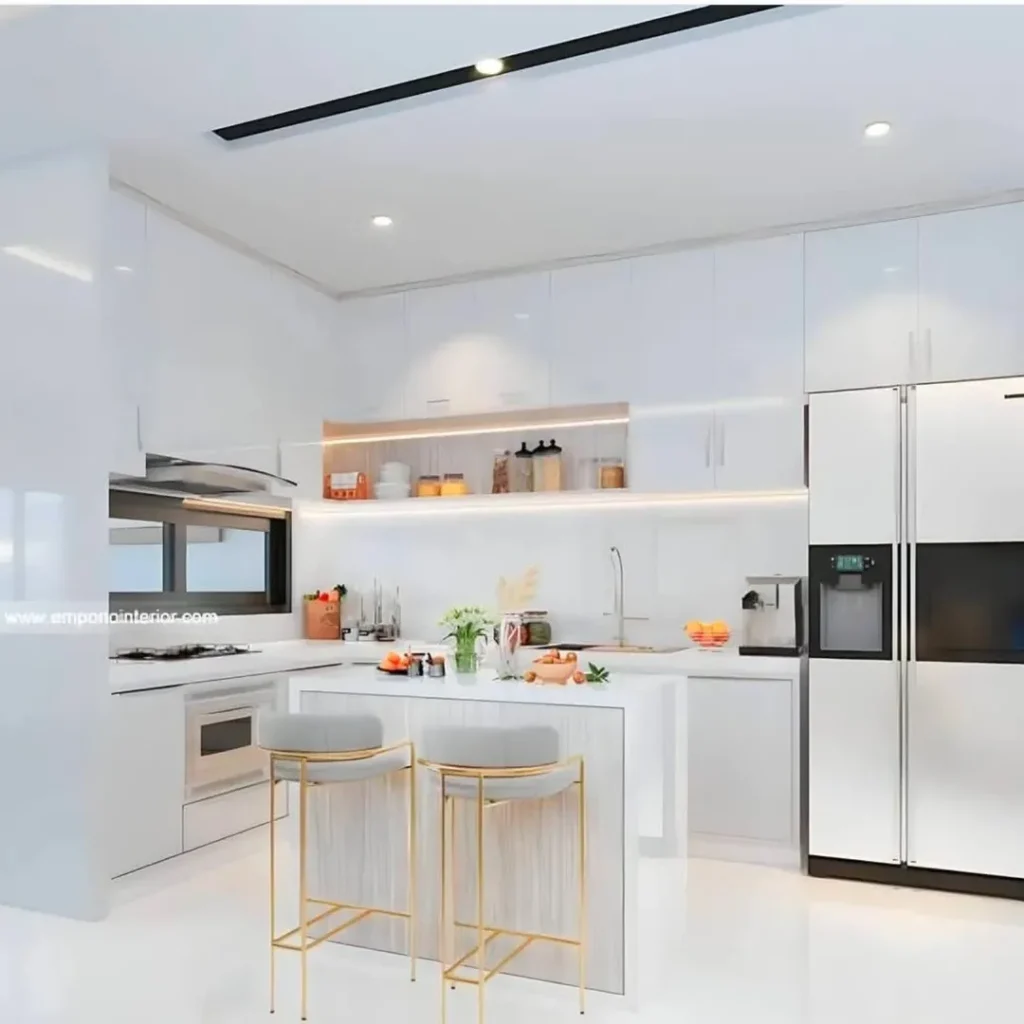  All white minimalist kitchen with gold bar stools and open shelving
