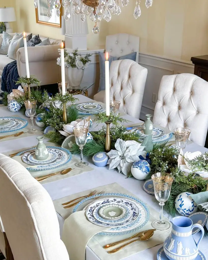 Farmhouse Christmas table with wooden accents and red ribbons