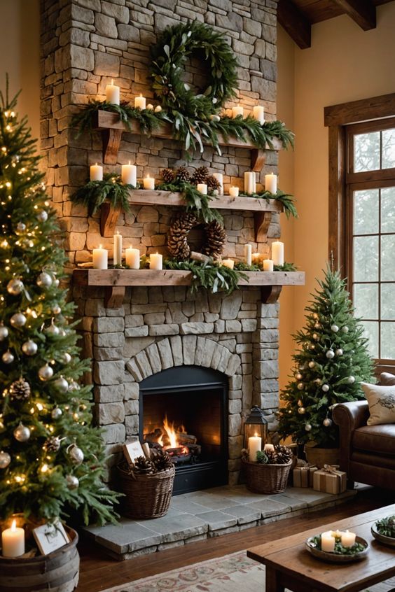 Stone fireplace with wooden shelves displaying candles and Christmas greenery