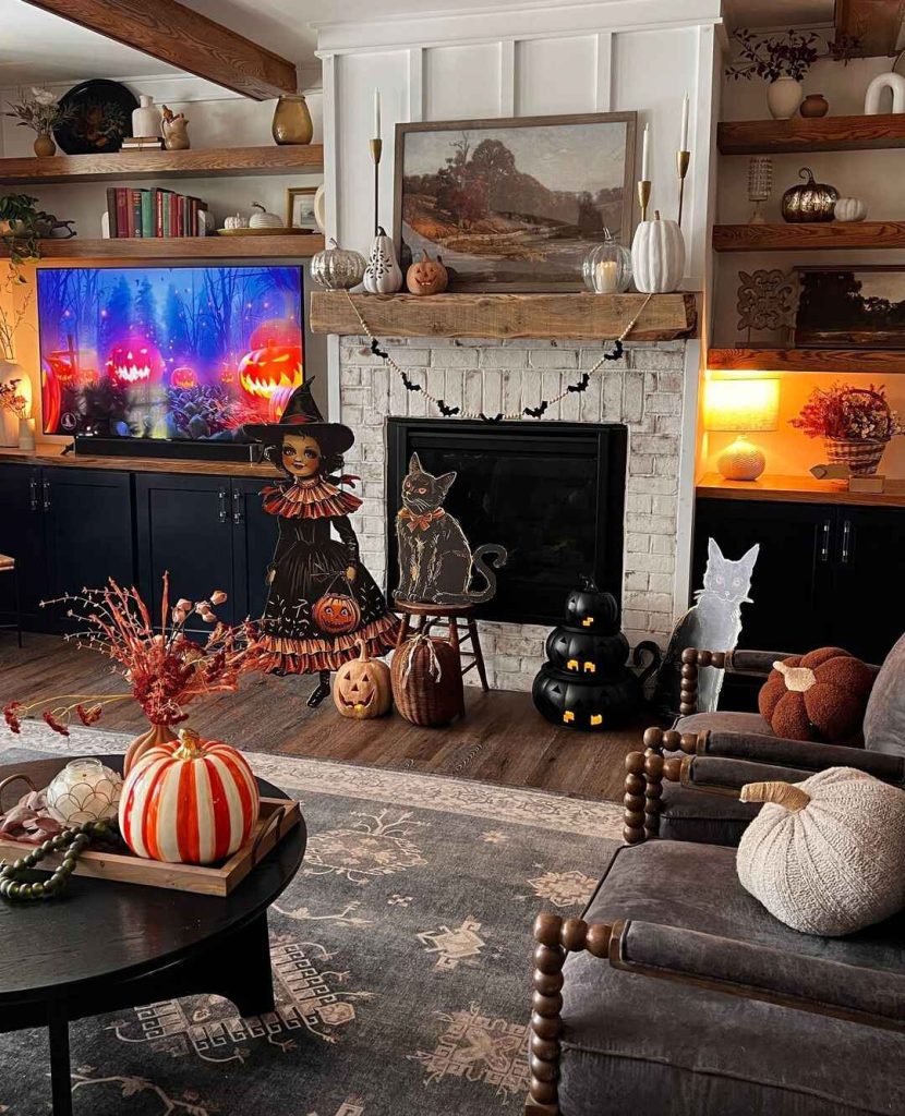 Cozy living room with Halloween decorations vintage witch and glowing TV