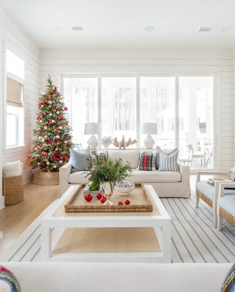 Traditional living room with beadboard walls Christmas tree and elegant furnishings