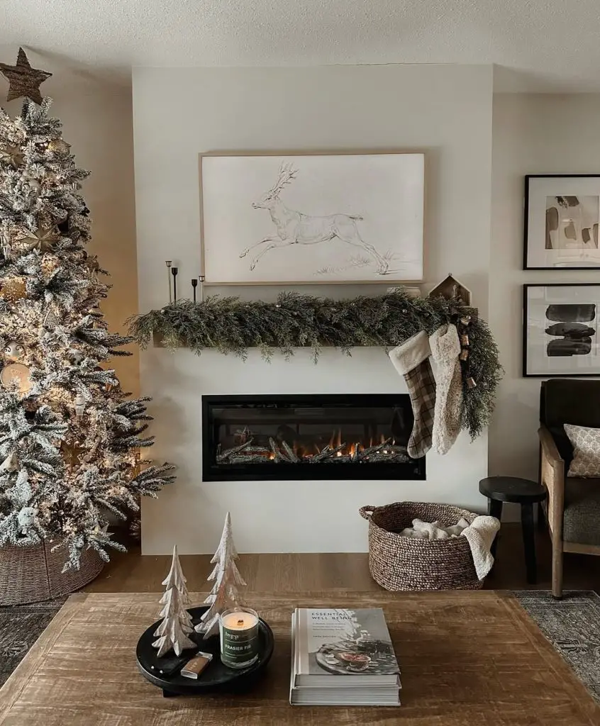 Modern fireplace with Christmas garland decorations