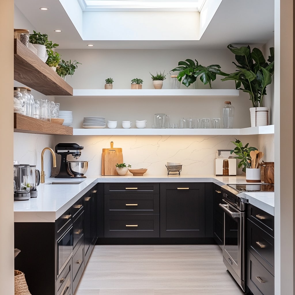 Kitchen with floating shelves, dark cabinets, and skylight above