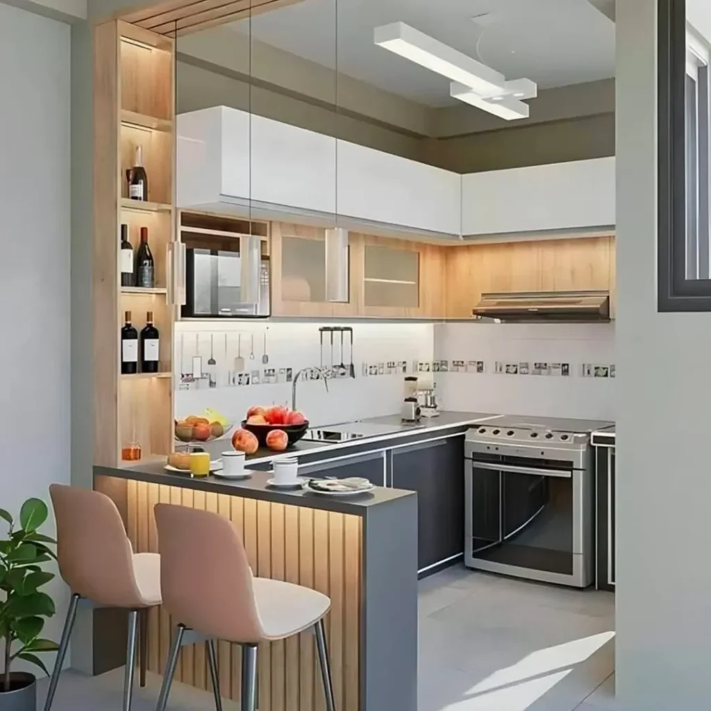 Mixed material kitchen with wood accents gray cabinets and breakfast bar