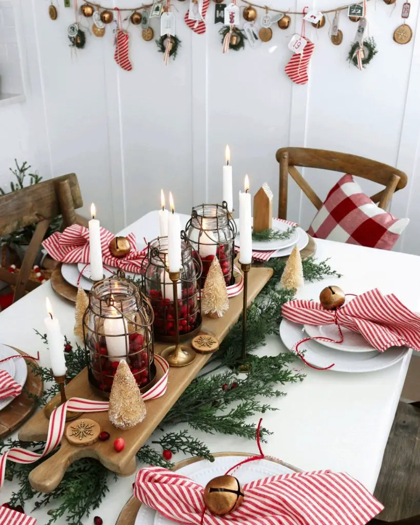 Christmas dessert table with chocolate cake and candy displays
