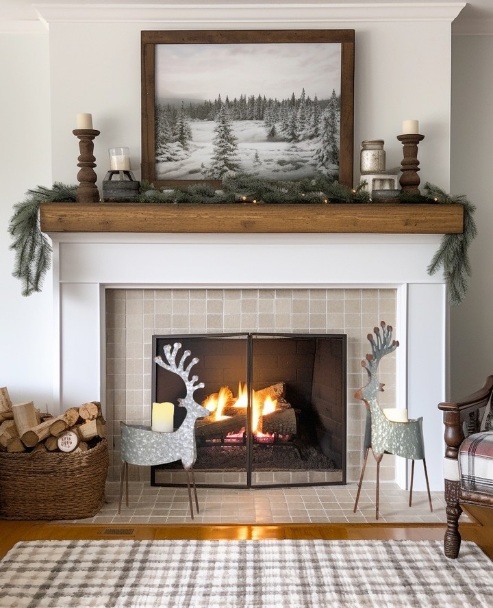 Mantel decorated with winter landscape art wooden candles and reindeer