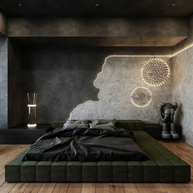 Industrial bedroom featuring concrete walls and green platform bed