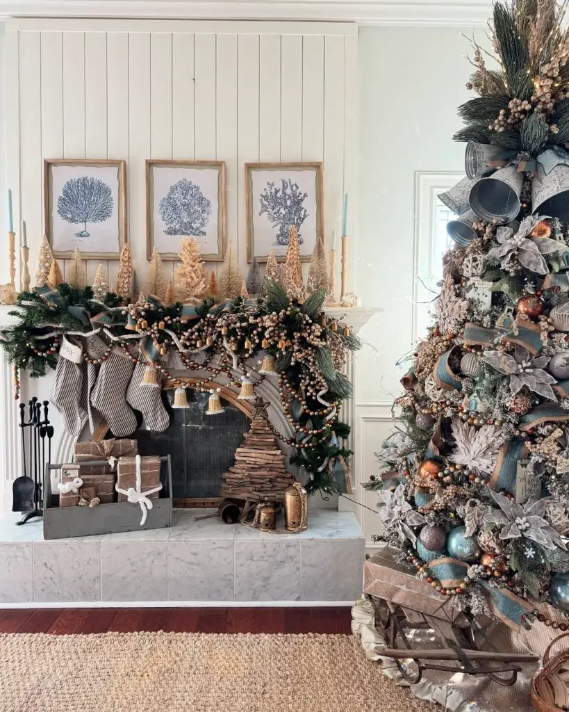Natural Christmas tree with rustic mantel and botanical artwork