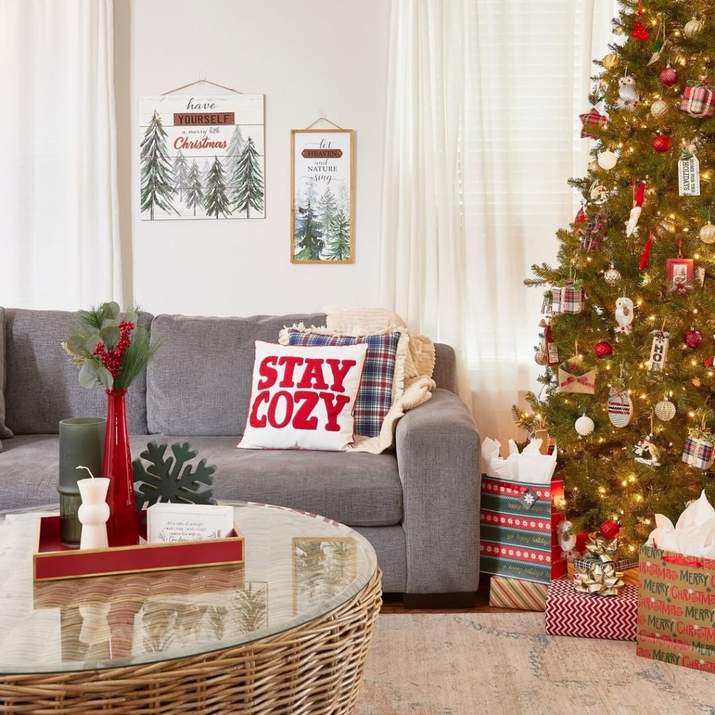 Family living room with Christmas tree presents