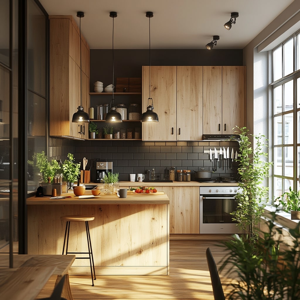 Industrial kitchen with wooden cabinets and black subway tiles