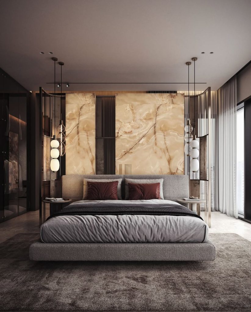 Bedroom with stone wall and pendant lighting