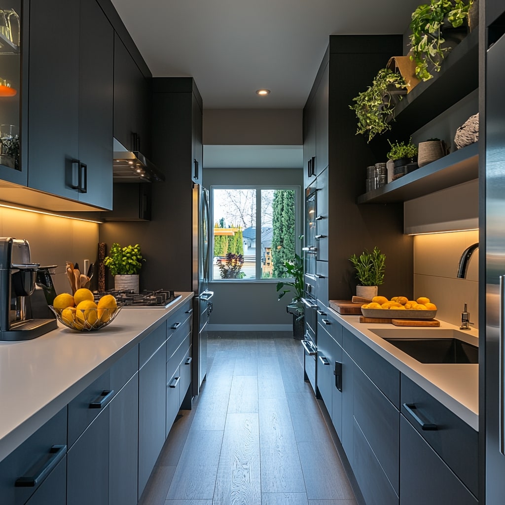 Dark narrow kitchen with plants, yellow citrus, and vertical storage