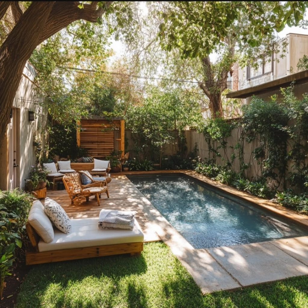 Backyard pool surrounded by trees with wooden deck seating