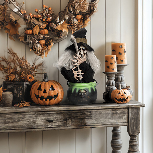 Rustic console table with Halloween decorations pumpkins witch figure autumn wreath