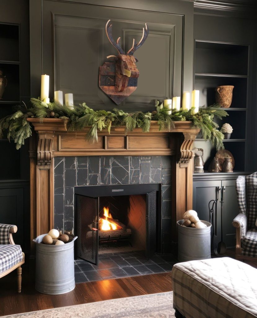 Wooden fireplace mantel with evergreen garland deer head and pillar candles