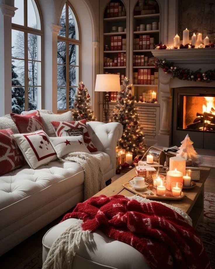 Luxurious Christmas living room with bookshelf fireplace and cozy seating