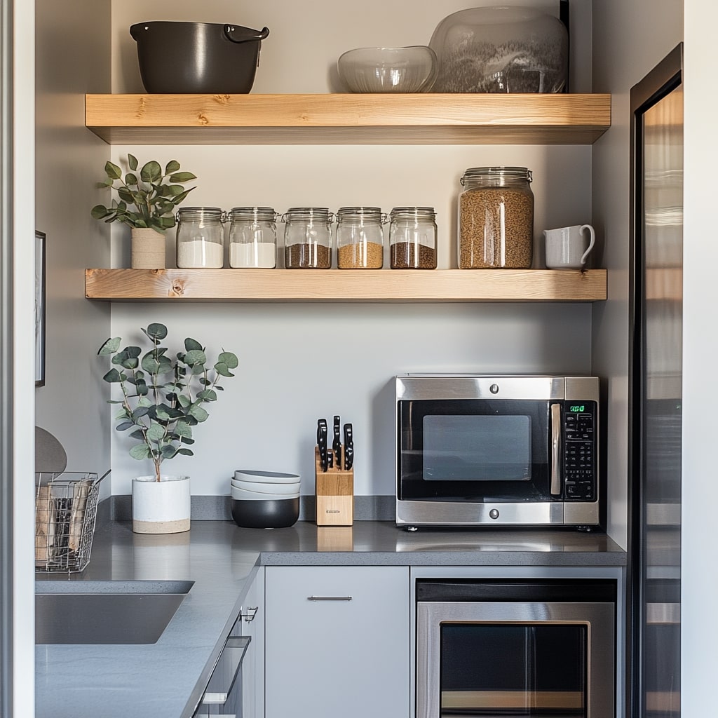 Kitchen shelves with glass jars, wooden shelving, and organized pantry items