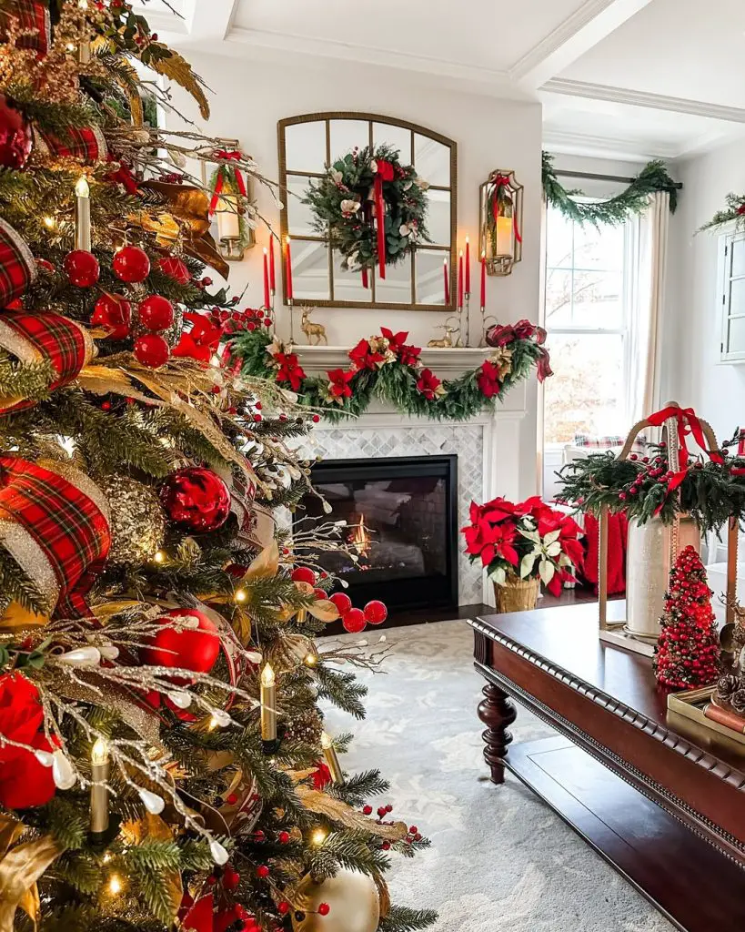 Traditional Christmas living room with red decorations and fireplace