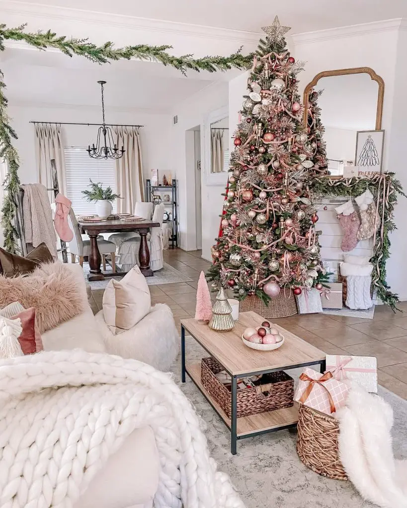 Pink Christmas living room with decorated tree