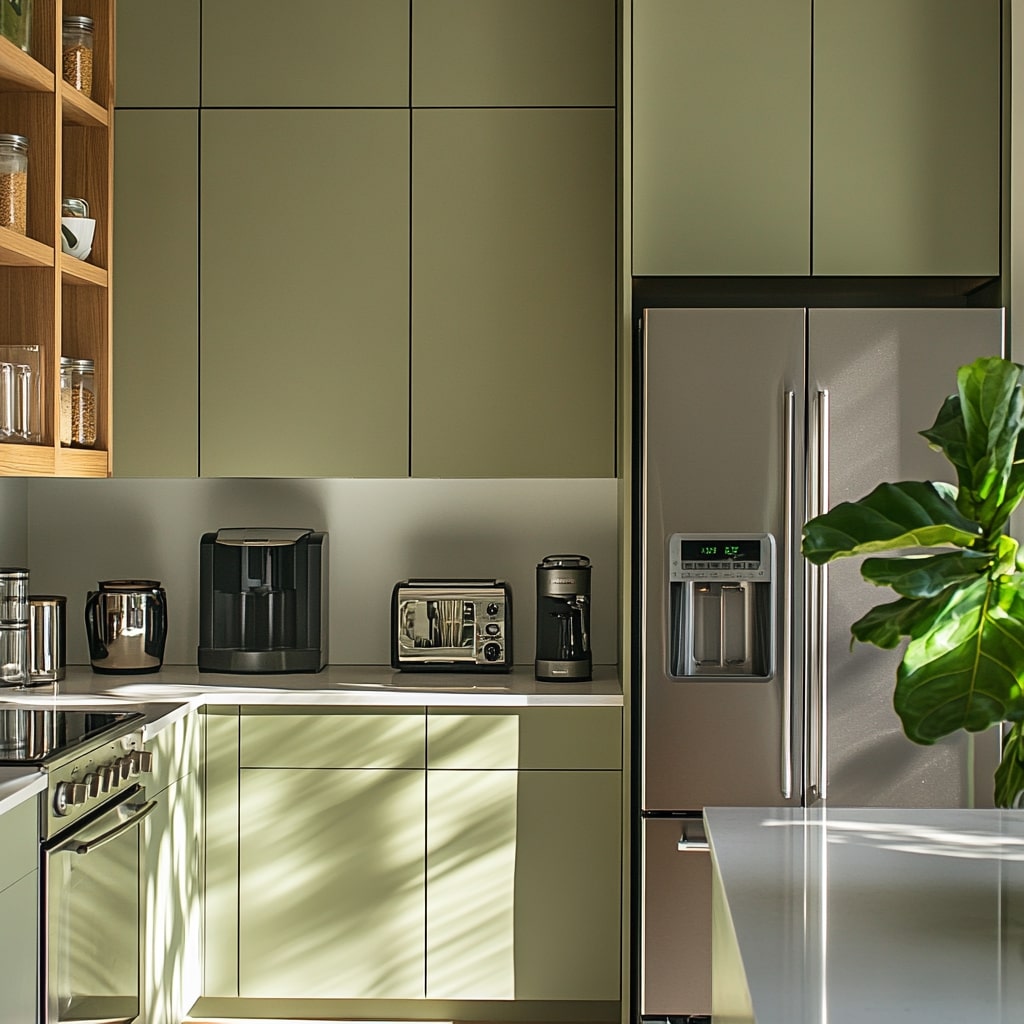 Modern sage green kitchen with wood accents and integrated appliances