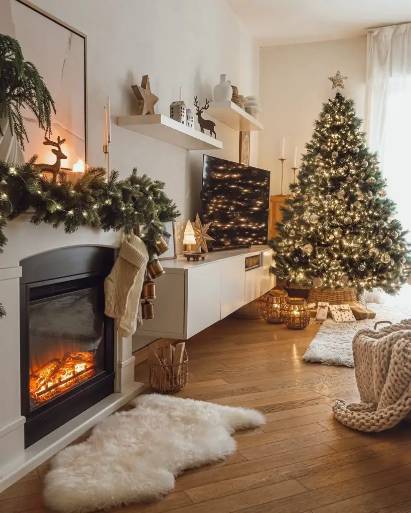 Scandinavian style Christmas room with natural decorations and lighting