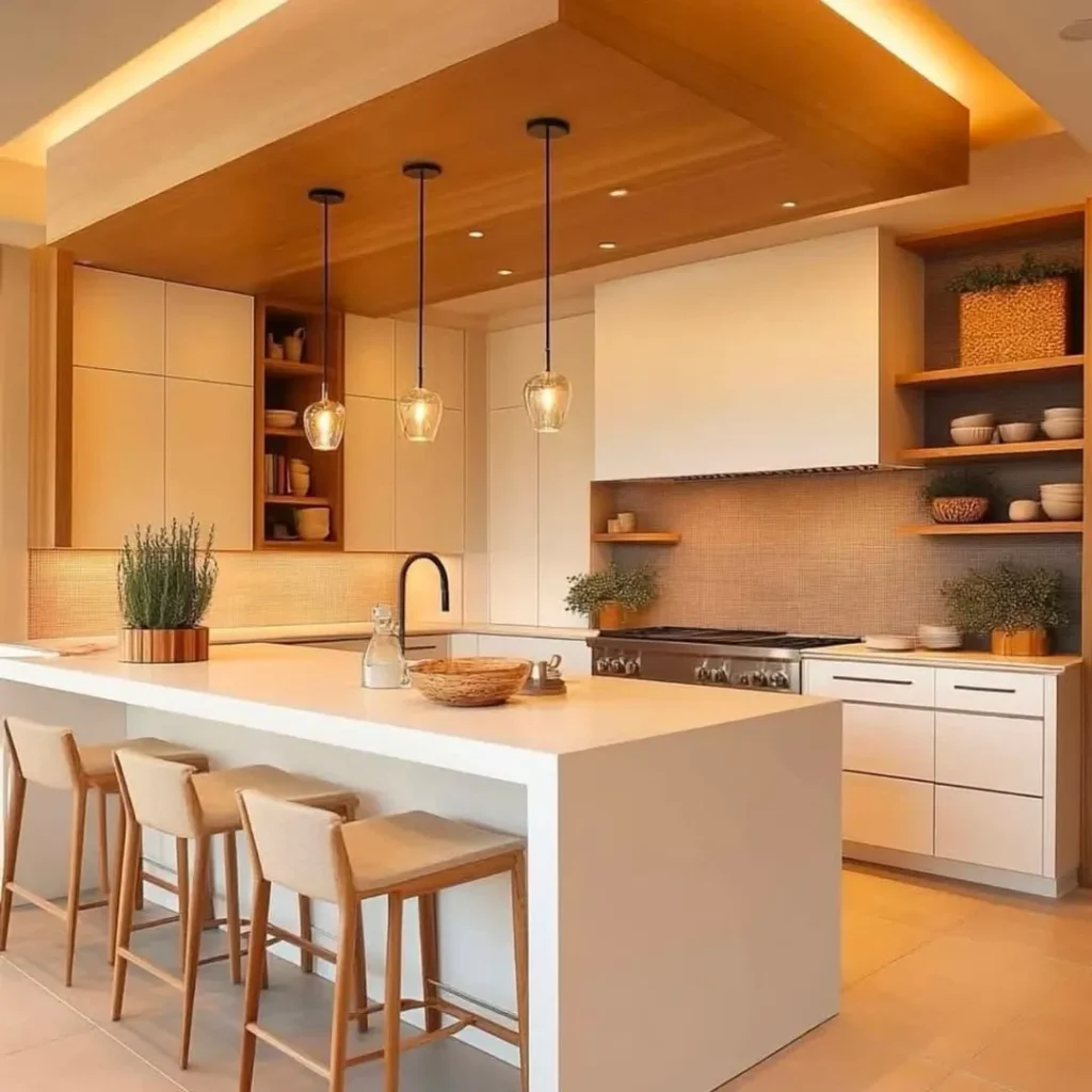 Wooden kitchen with pendant lights and white stone countertops