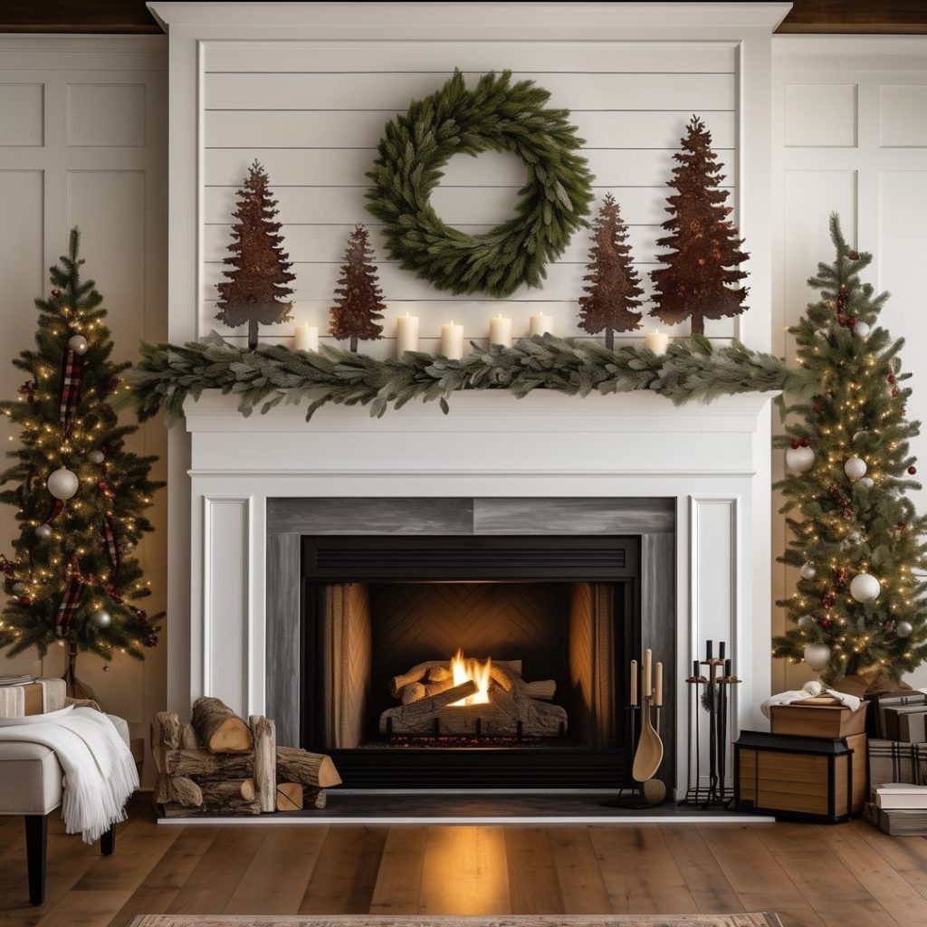 White shiplap fireplace with metal tree art evergreen wreath and flanking Christmas trees