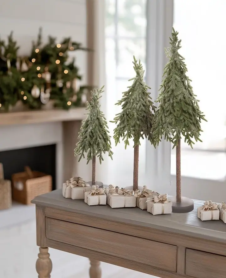 Miniature Christmas trees with wrapped gifts display