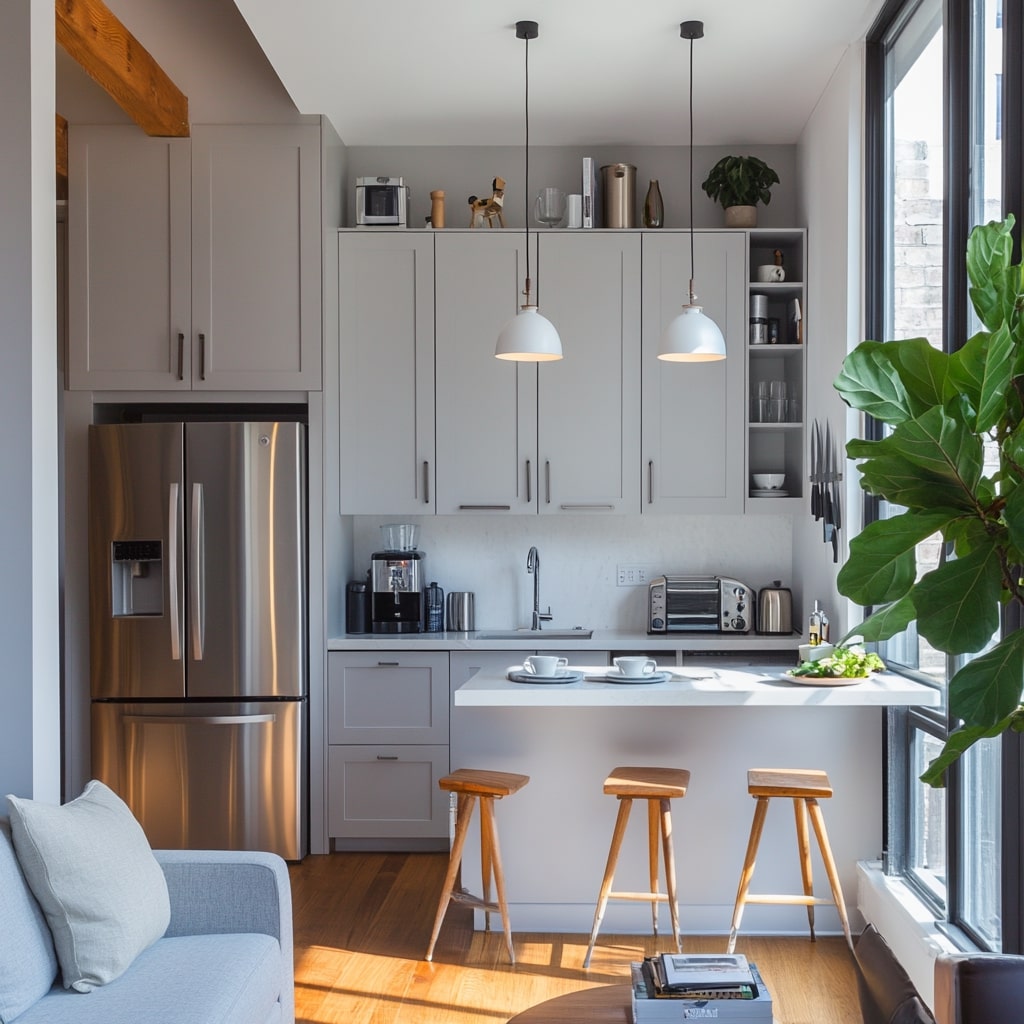 Urban kitchen with wooden beams, breakfast counter, and city views