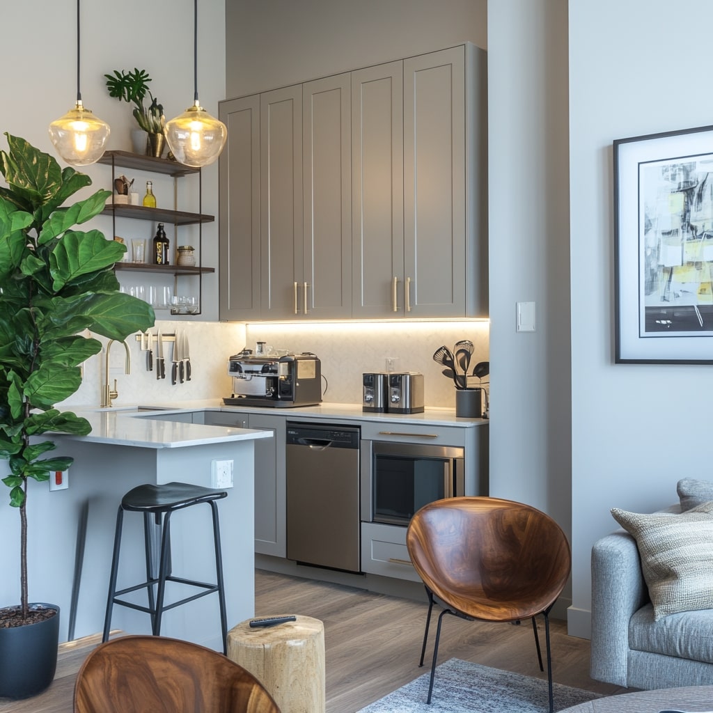 Neutral kitchen with brass pendants, mixed textures, and leather seating