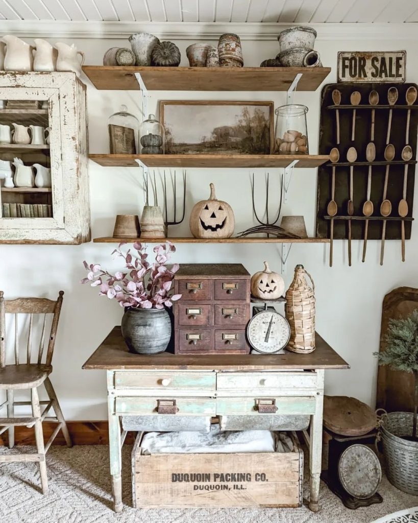 Farmhouse kitchen shelves with pumpkins vintage decor rustic Halloween styling